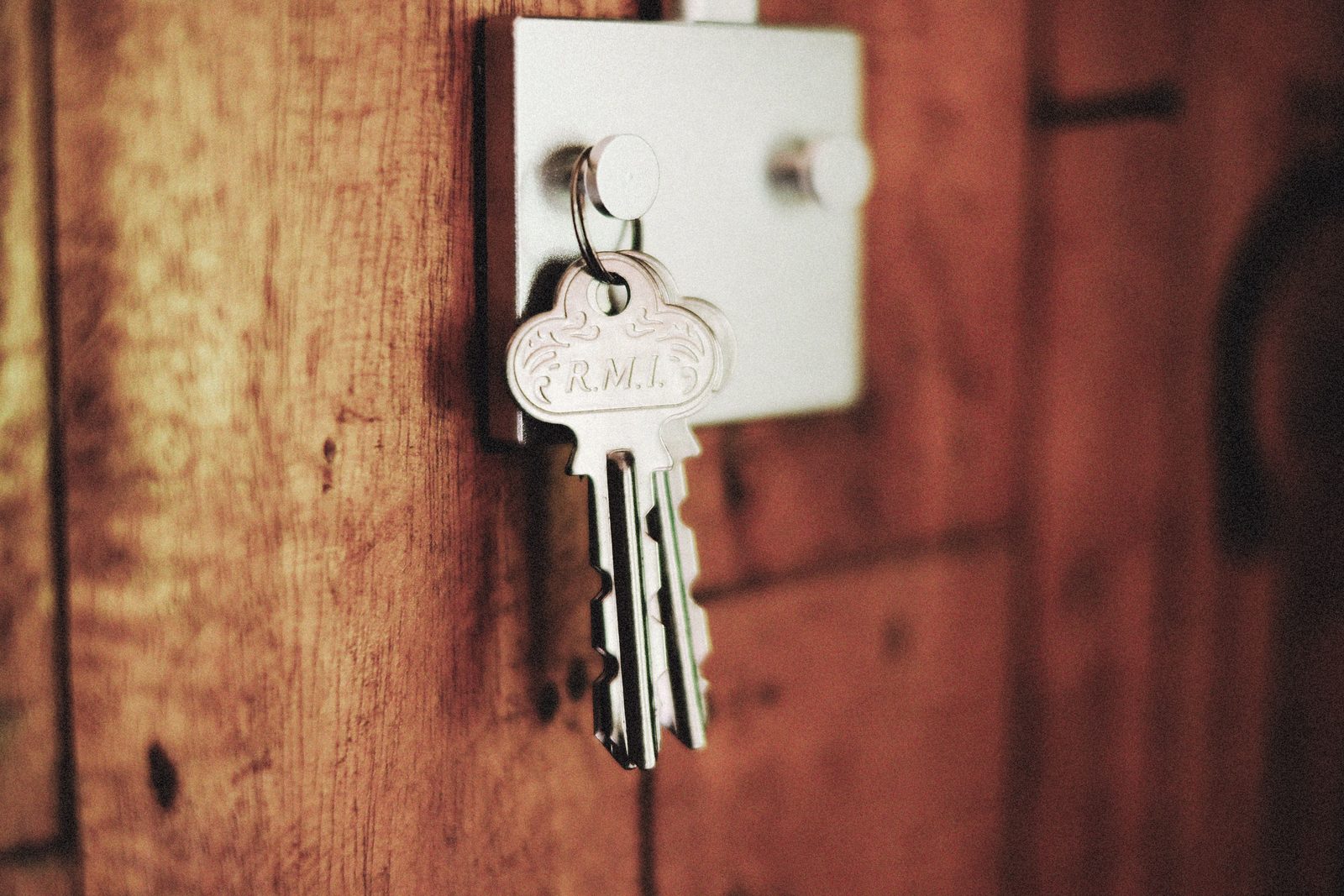 Two keys on a ring, hanging from a metal plate on a panelled wooden door.